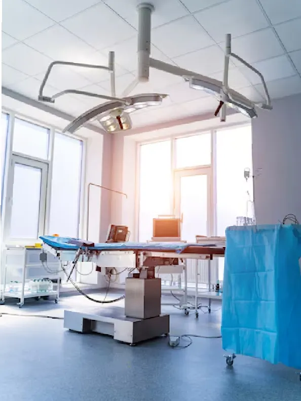 Clinic interior with operating surgery table, lamps and ultra modern devices, technology, hi-tech interior, medicine concept