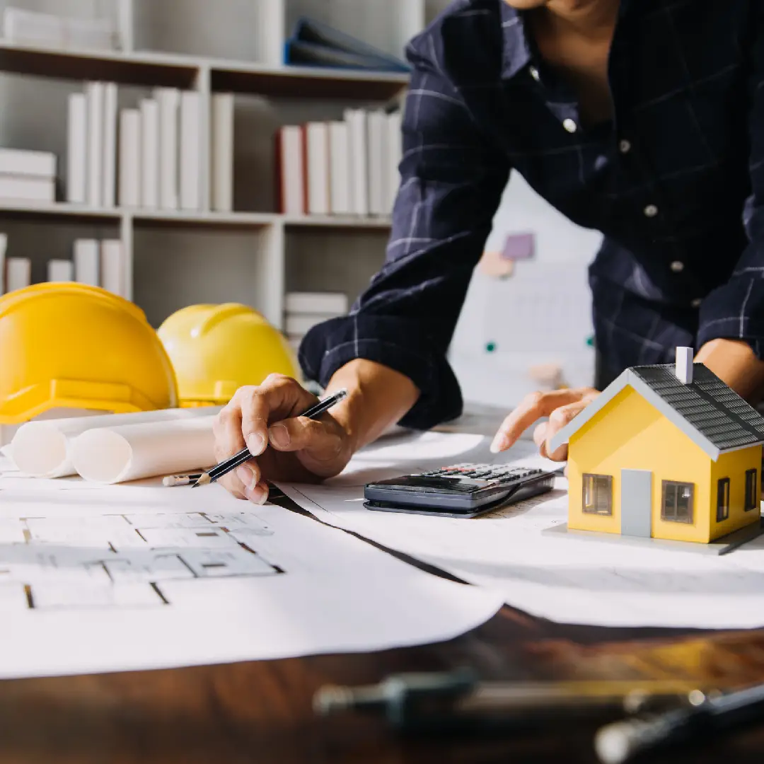 Construction and structure concept of Engineer or architect meeting for project working with partner and engineering tools on model building and blueprint in working site